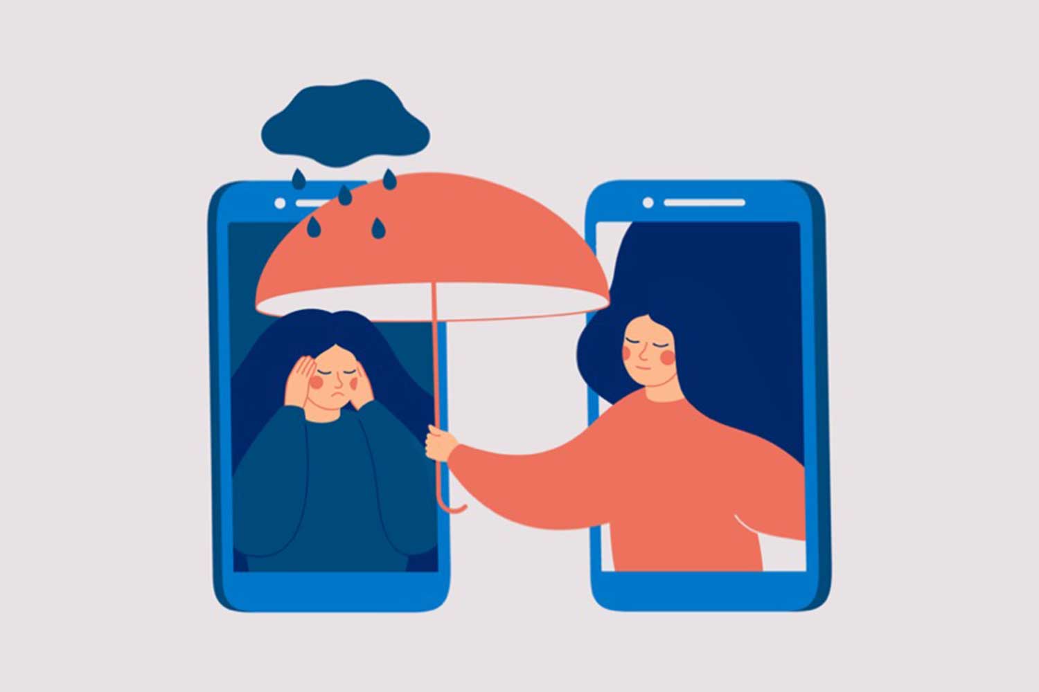 A graphic of two people within cell phone screens, one holding an umbrella over the other.