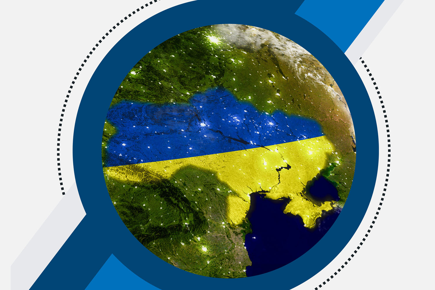 An illustration of a magnifying glass with a view of Ukraine from space. The country is colored in blue and yellow to resemble its flag.