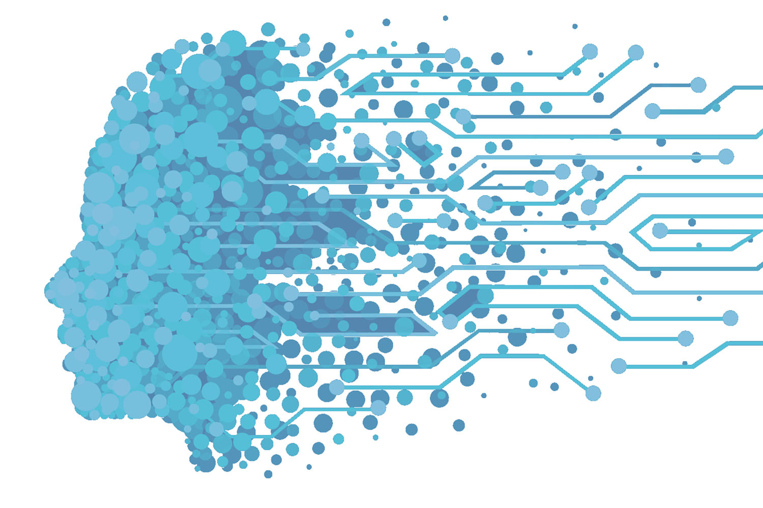 blue human face in profile dissolving into dots and dashes.