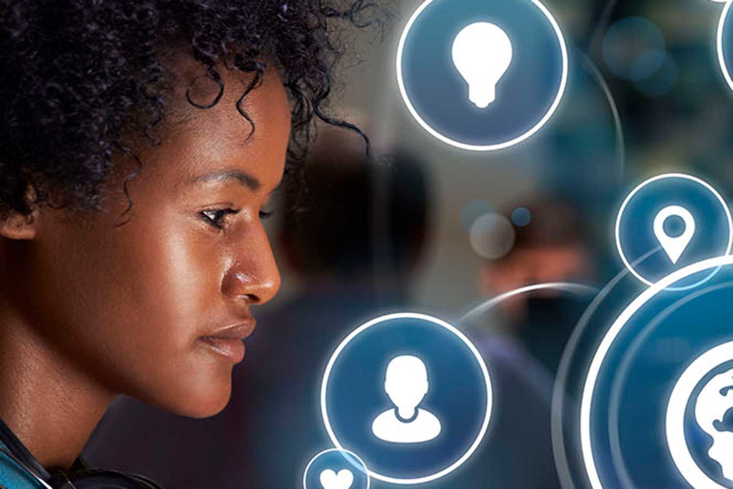 A photograph of a Black woman with an overlay of illustrated tech icons.