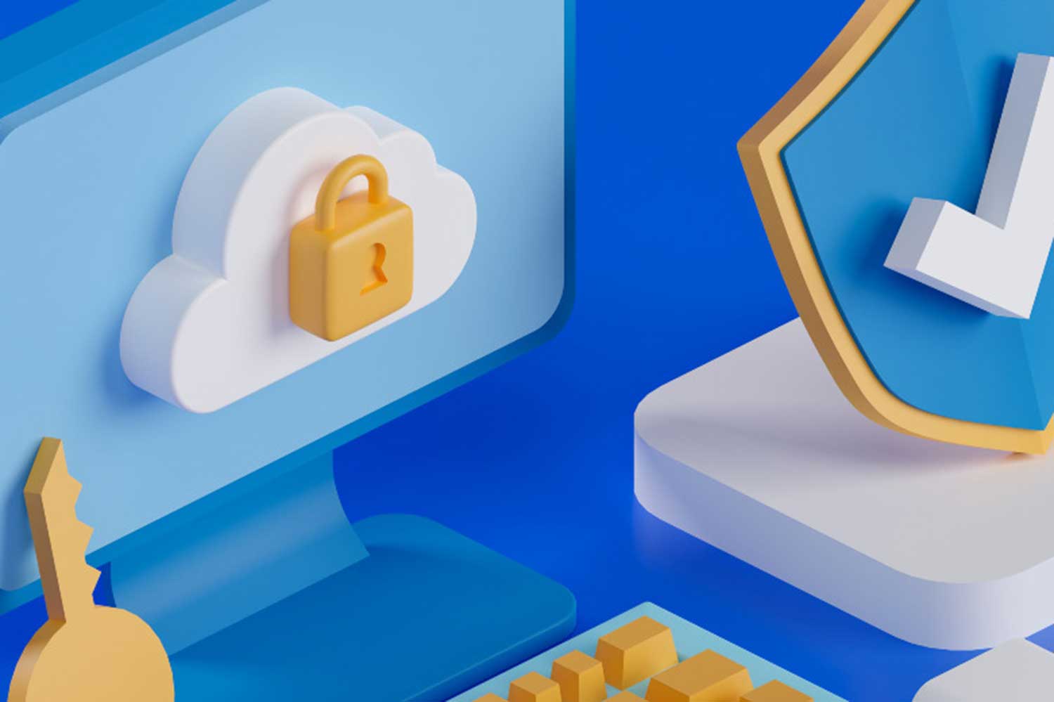 An illustration depicting cybersecurity motifs: a desktop computer with a cloud and padlock on the screen, a shield with a check mark, and a key.