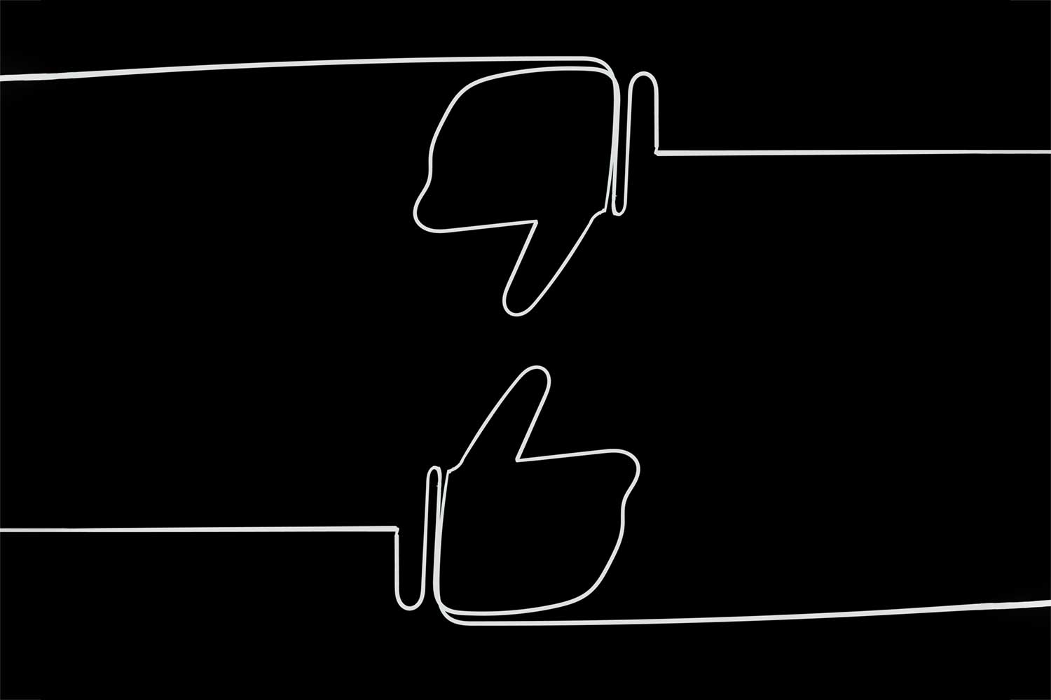 A white line sketch of two thumbs resembling Facebook's "like" button on a black background.