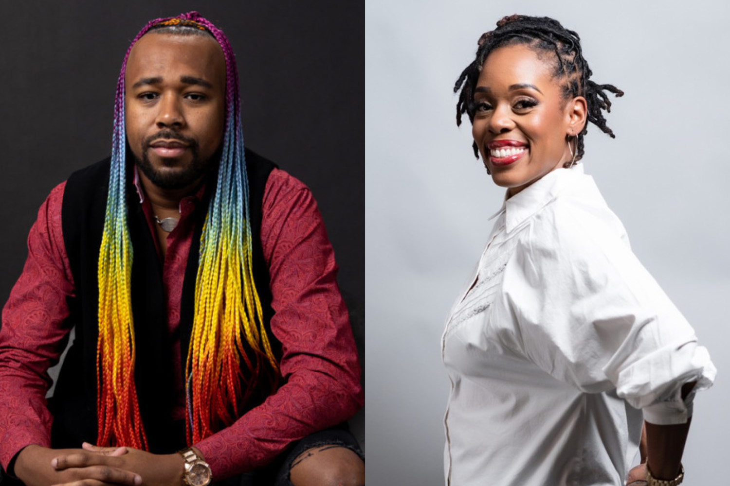 Headshots of Jarvis Sam, CEO of Rainbow Disruption (left), and Shijuade Kadree, Director of the Tech Accountability Coalition (right).