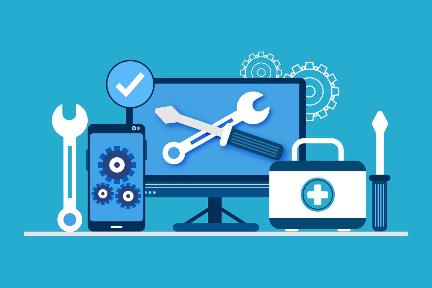 An illustration depicting digital tools: a desktop computer with a screwdriver and wrench on the screen, a phone with cogs on the screen, and a check mark.