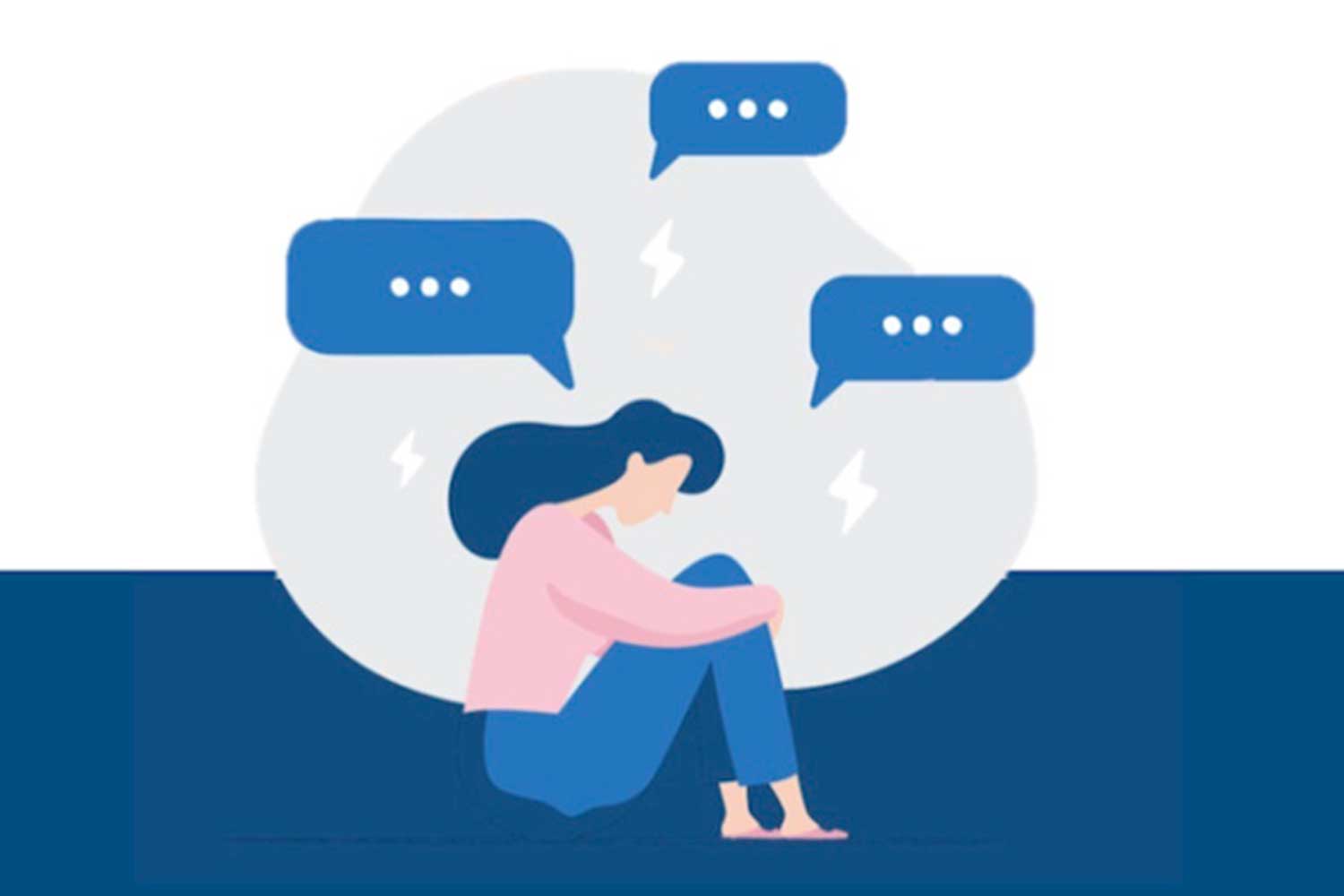 An illustration of a person curled up underneath text bubbles, representing loneliness in the technology age.