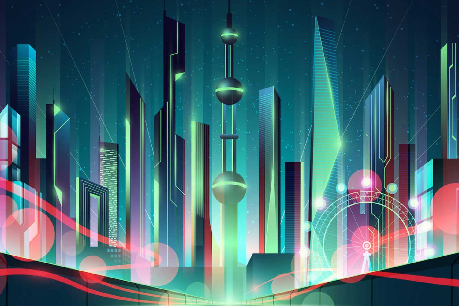 An illustration of a futuristic city at nighttime enveloped in color and light.
