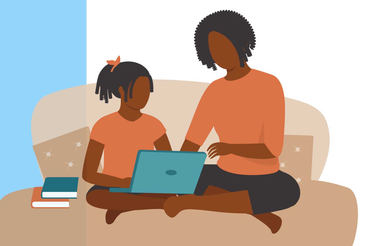 An illustration of a parent and their child sitting cross legged on a couch, looking at a laptop computer together. Both have curly hair.