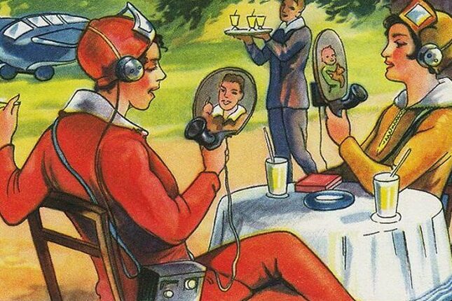 A futuristic illustration from the past. Two airplane pilots, drawn in a 1920s style, look onto mirror-like screens that have a phone mouthpiece at the bottom, images of their friends and children displayed.