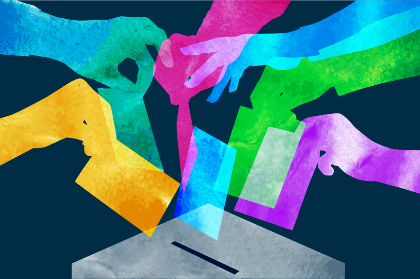 An illustration representing AI Elections. Abstract and colorful hands drop ballots in a box.