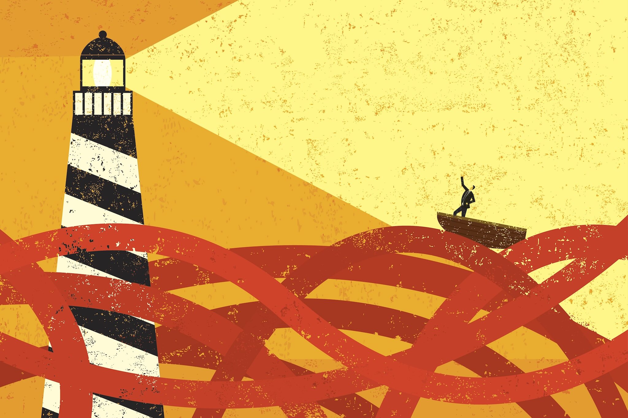 An illustration of a boat being guided by a lighthouse.