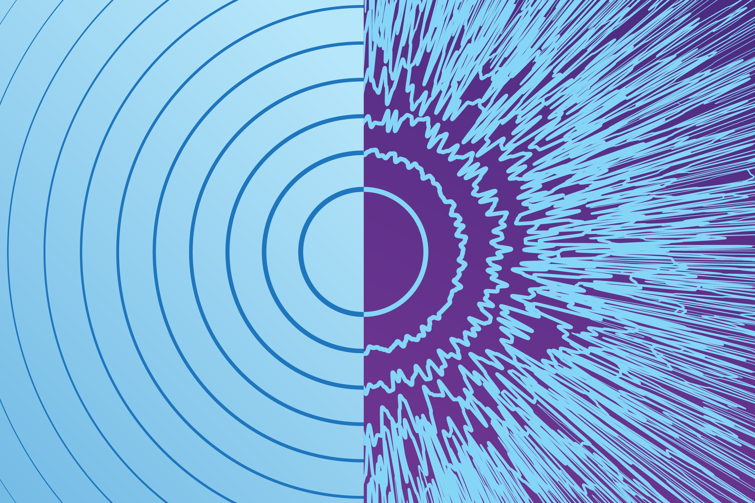 A circular pattern resembling sound waves. It represents two dueling cyber futures: one good, one bad.