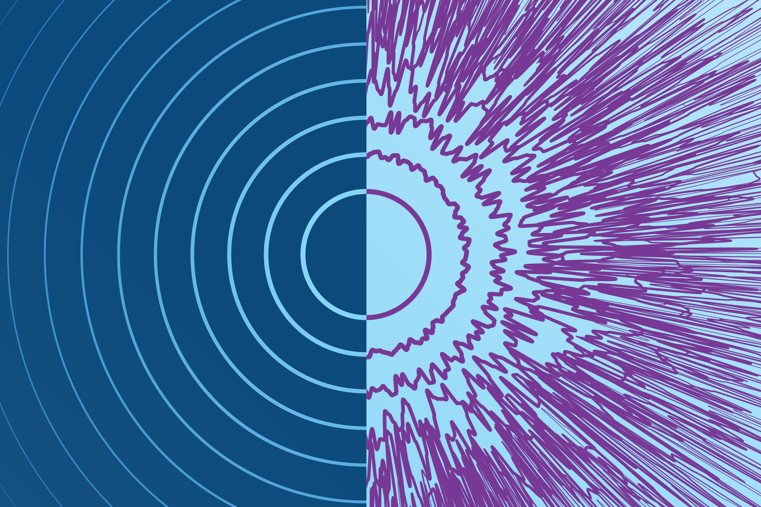 A circular pattern resembling sound waves. It represents two dueling cyber futures: one good, one bad.