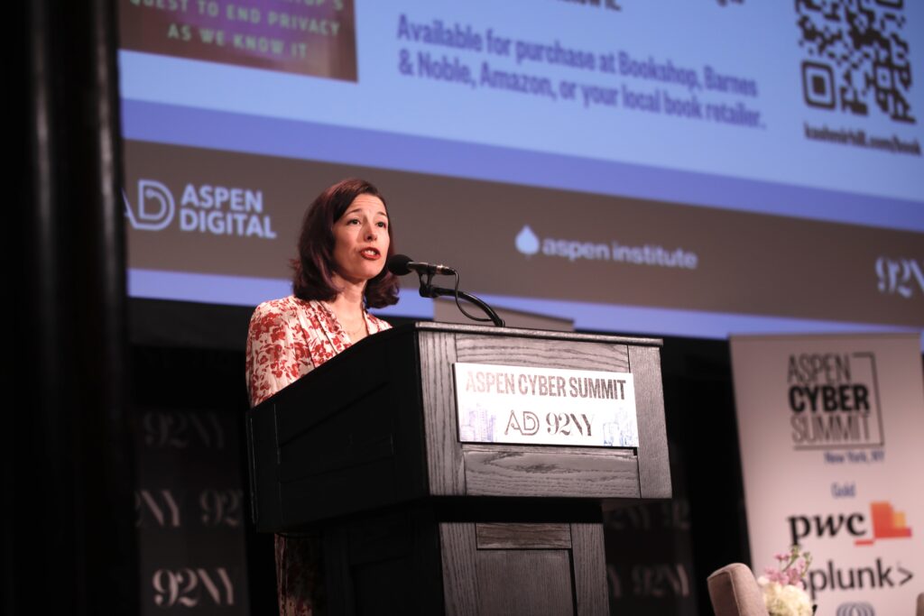 Kashmir Hill on stage at the 2023 Aspen Cyber Summit. 
