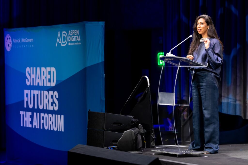 Nabiha Syed on stage at Shared Futures.