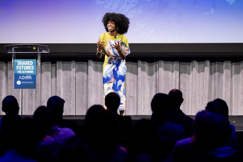 Salome Agbaroji on stage at Shared Futures.