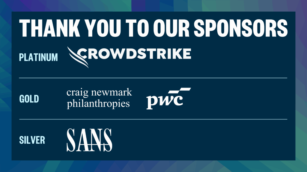 A graphic thanking the sponsors of the 2025 Aspen Cyber Summit: Crowdstrike, craig newmark philanthropies, PwC, and SANS Institute.