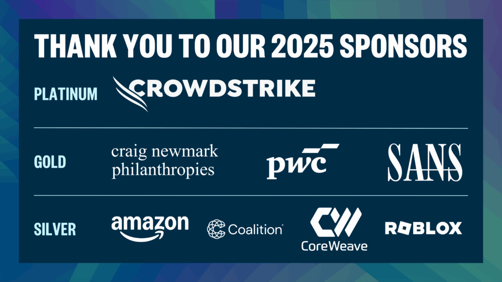 This graphic thanks sponsors of the 2025 Aspen Cyber Summit: CrowdStrike, Craig Newmark Philanthropies, PwC, SANS Institute, Amazon, Coalition Inc., CoreWeave, and Roblox.
