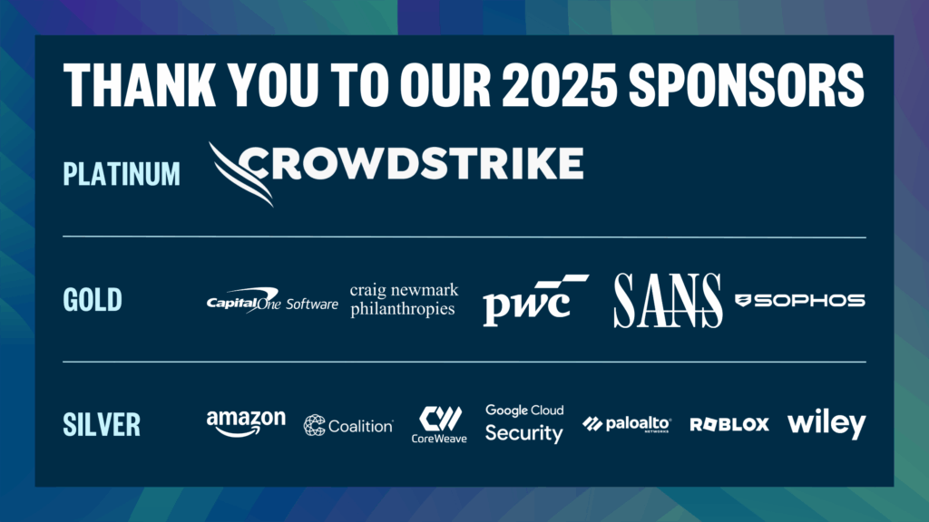 This graphic thanks sponsors of the 2025 Aspen Cyber Summit: CrowdStrike, CapitalOne, craig newmark philanthropies, PwC, SANS Institute, Sophos, Amazon, Coalition Inc., CoreWeave, Google, Palo Alto Networks, Roblox, and Wiley LLP