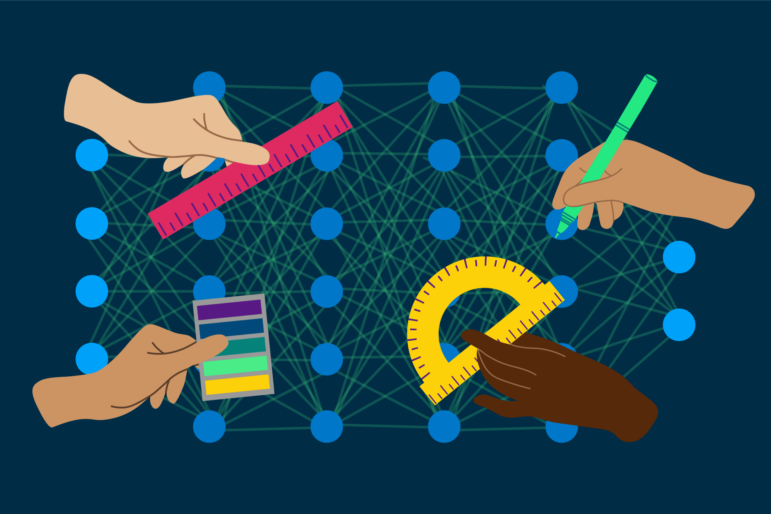 Hands holding rulers and other implements over a stylized representation of a deep neural net