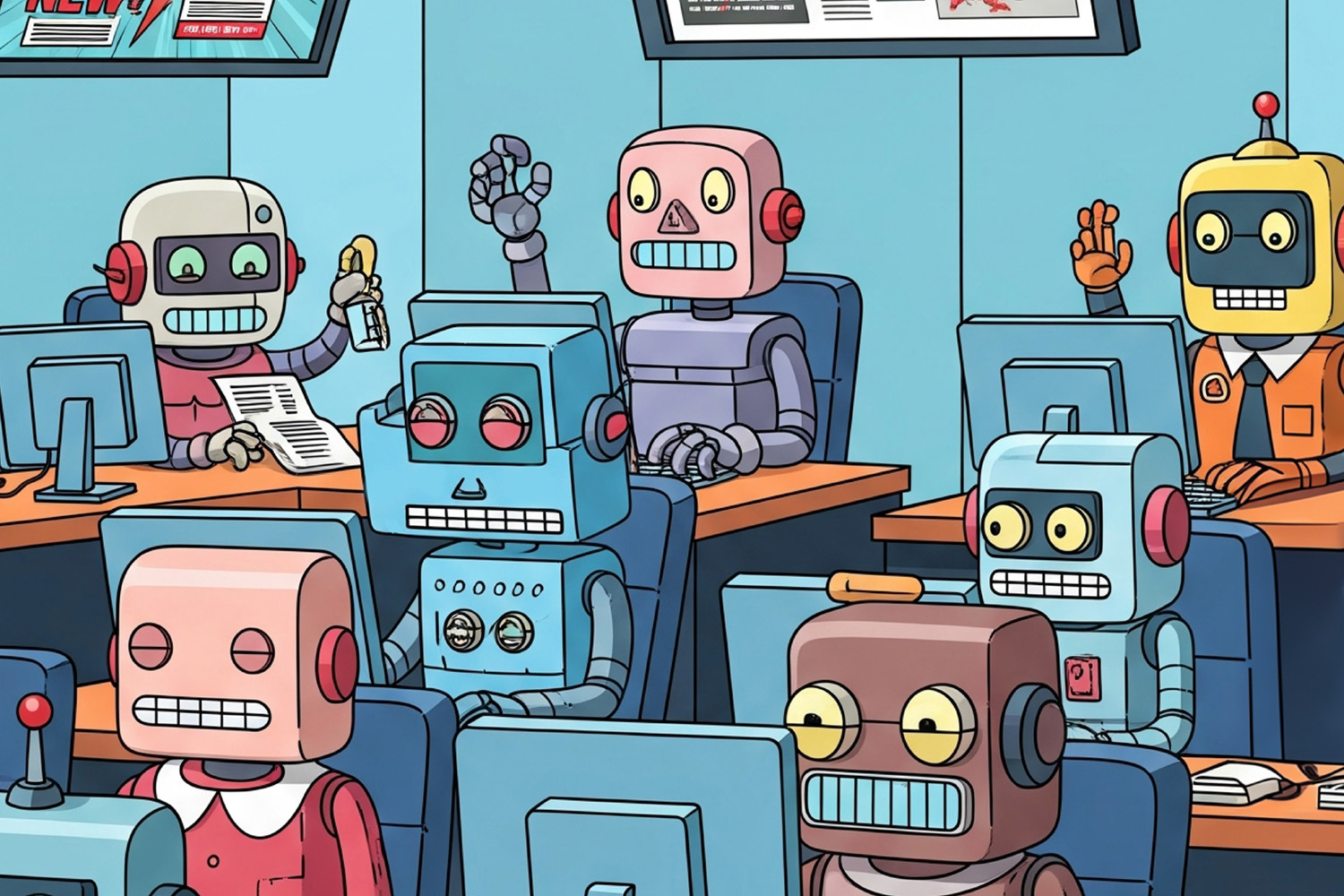 An AI-generated image of robots in business attire working in an office, representing the role of AI in news.