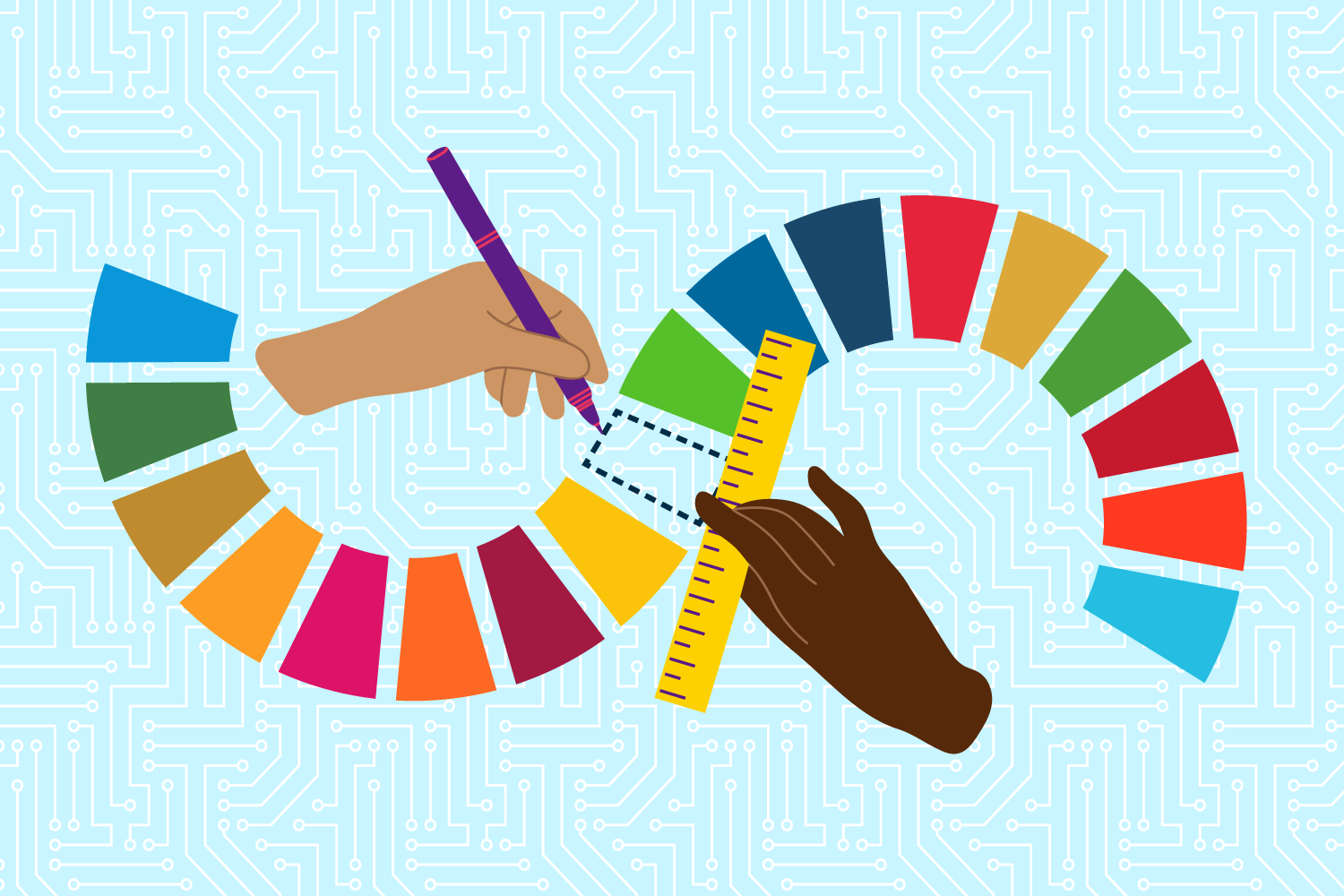An illustration of hands measuring an open UN Sustainable Development Goals color wheel.