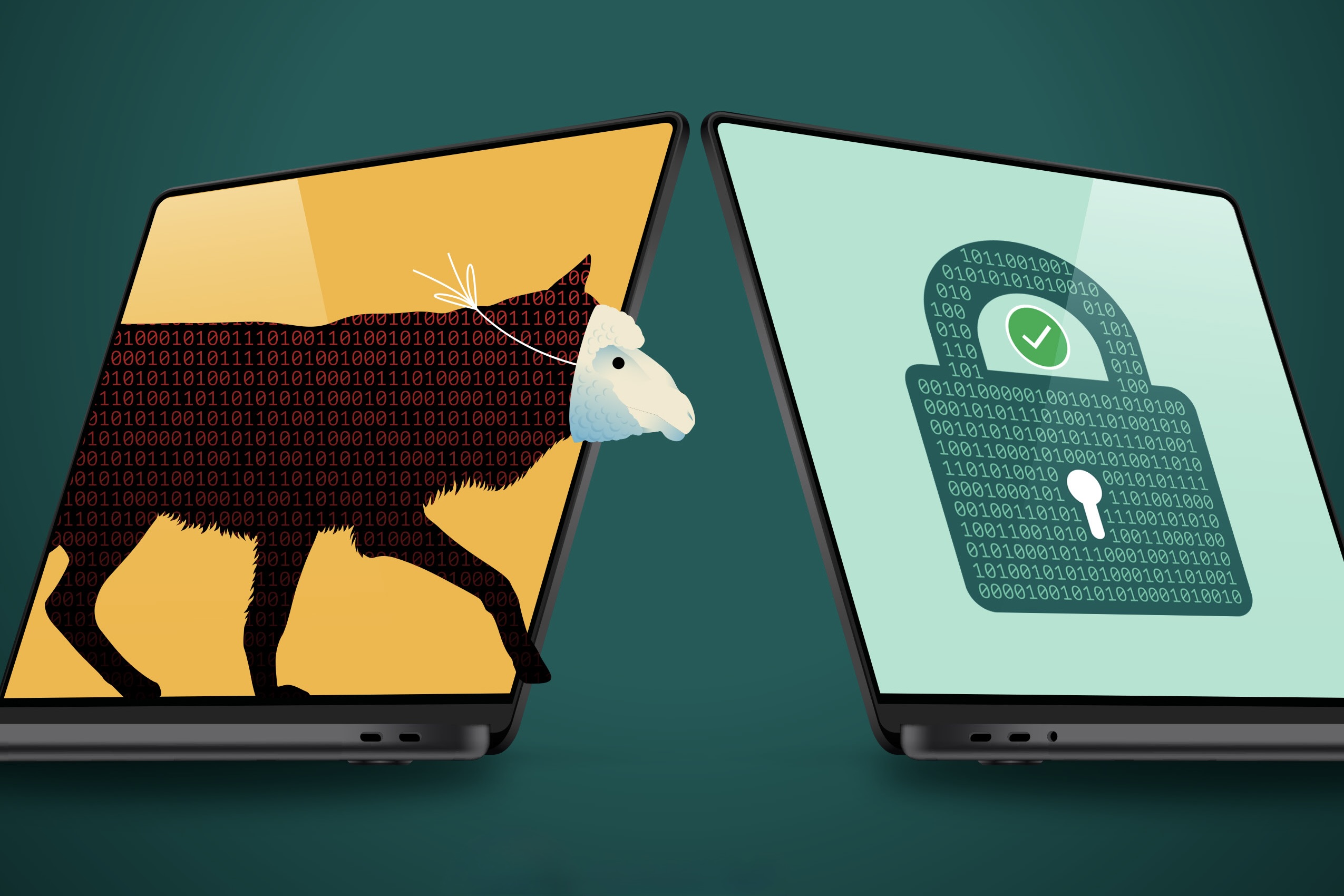 An illustration of a wolf in sheep's closing trying to cross from one computer screen to another that's secure.