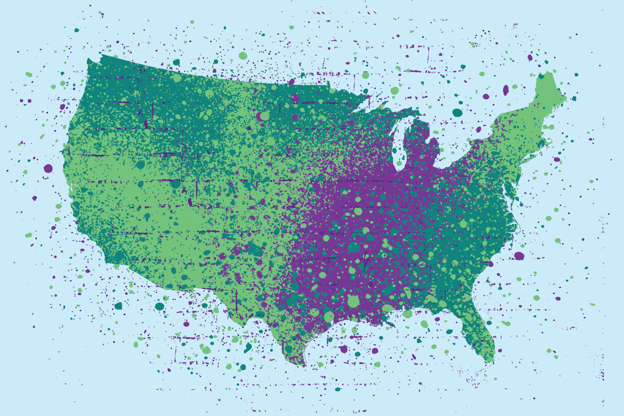 An illustration of the US map with splattered paint representing pinpoints throughout.