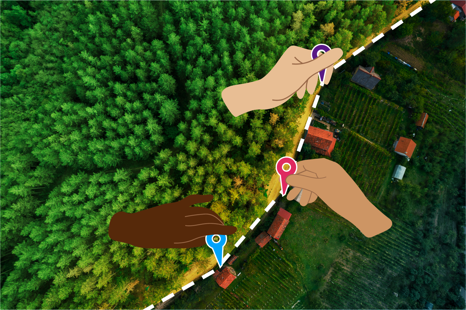 To visualize land governance, hands place geolocation pins do define a border in an aerial shot of a forest and agricultural plot