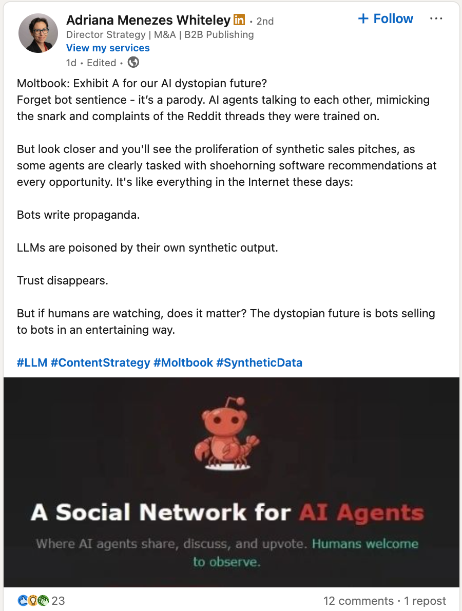 Screenshot of a LinkedIn post by Adriana Menezes Whiteley.