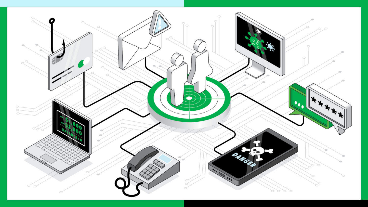 Photo of two person icons at the center of a fake electronic grid, with attachments to various computers, phones and other tech icons.