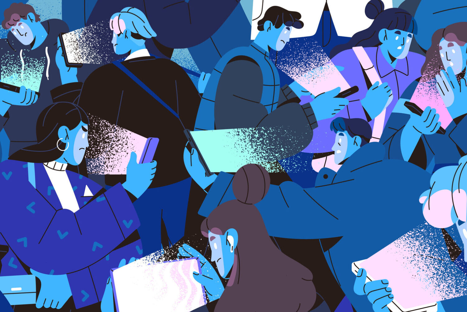 A illustration of many people looking at phones.