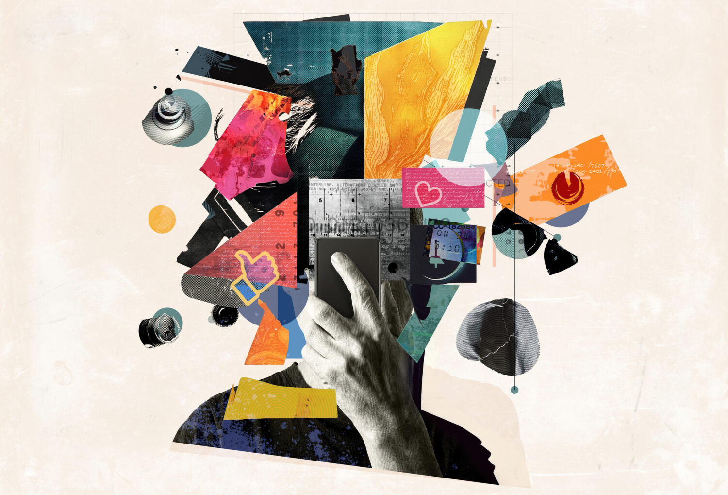 Collage of ahead made of art looking at a phone screen.