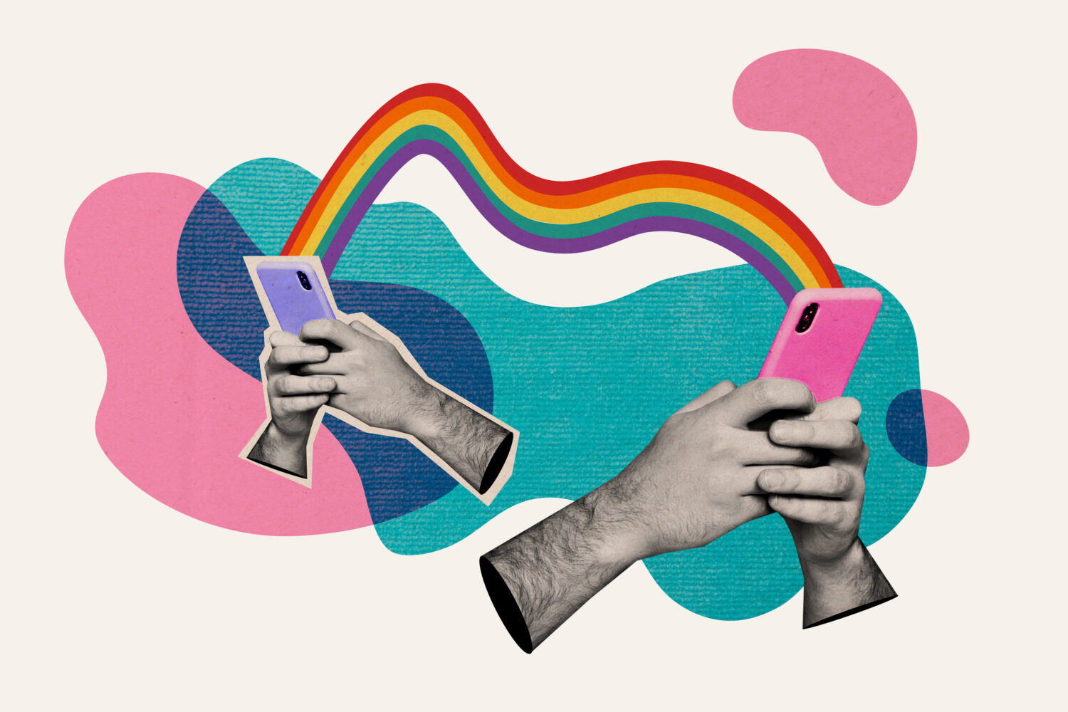 Collage of two floating hands holding phones and rainbow connecting them.