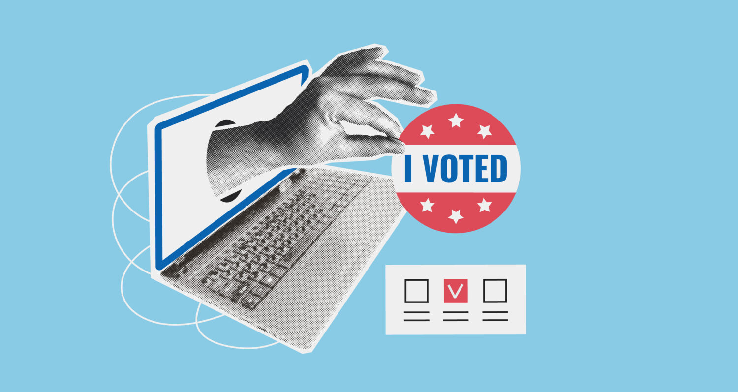 Collage of a hand coming out of a computer with an "I Voted" sticker.