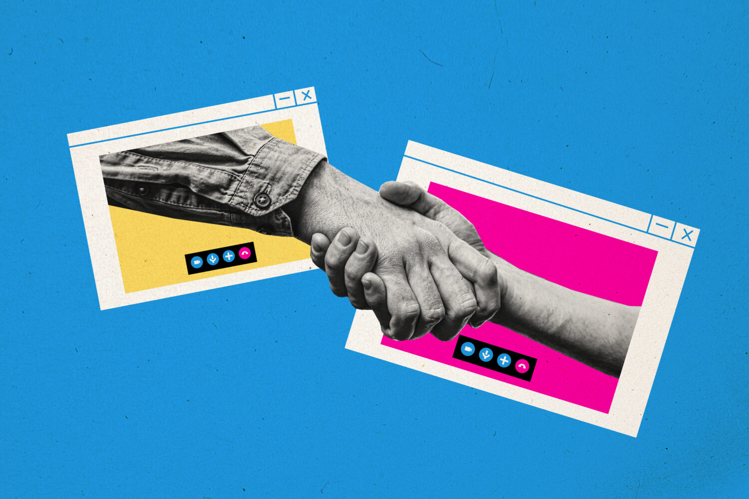 Two hands coming out of web screens collaged shaking hands.