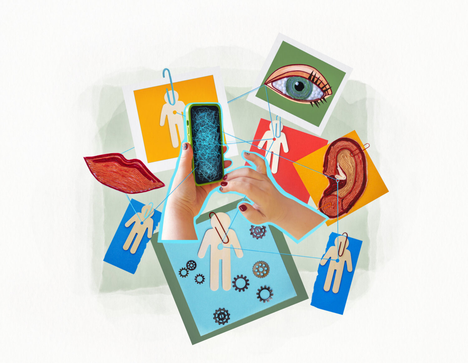 Collage of photos of body parts, such as an eye, ear, and a stick figure body with a phone on top.